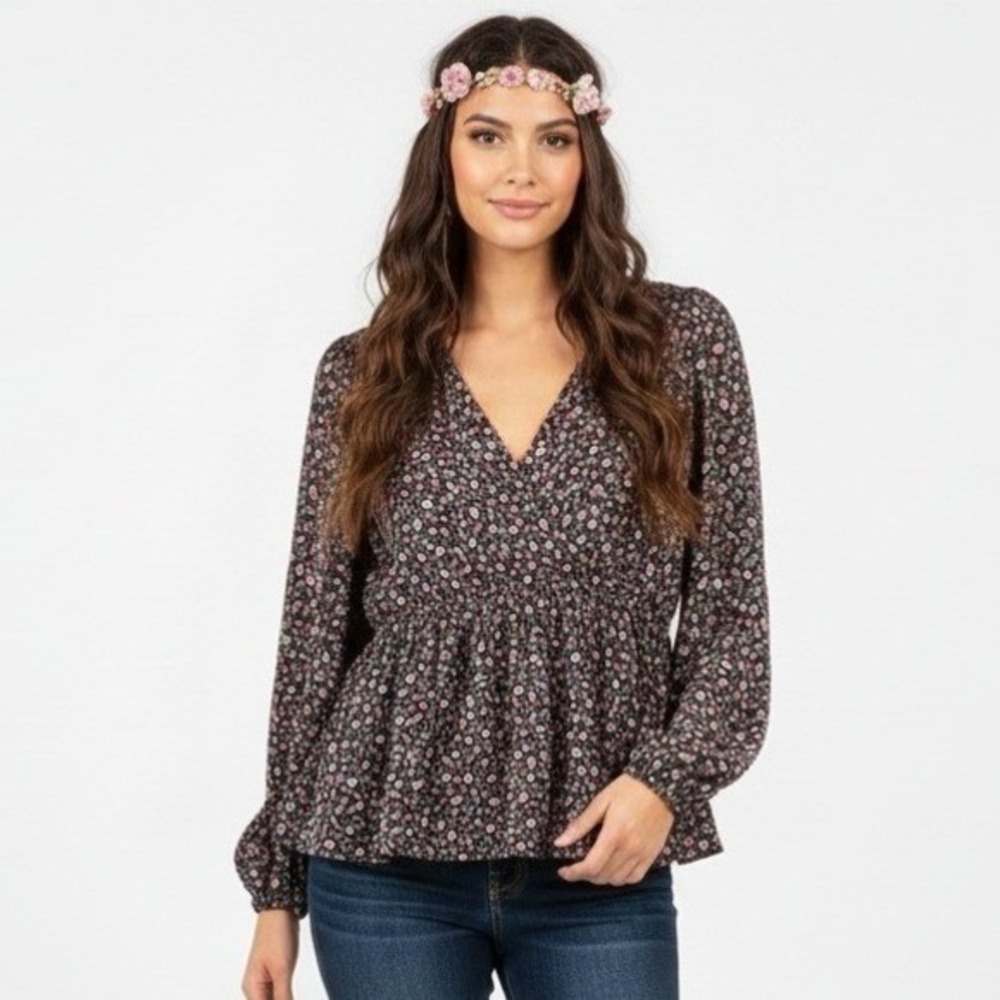 Maurices Floral Peplum Top Womens XL Black Pink Long Sleeve‎ V-Neck Boho Peasant